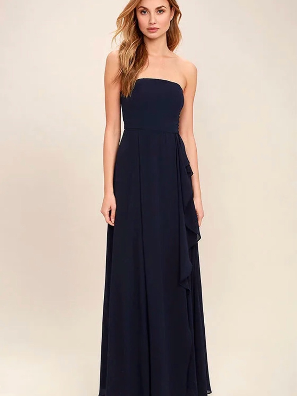 Lulus Strapless Navy Chiffon Maxi Dress